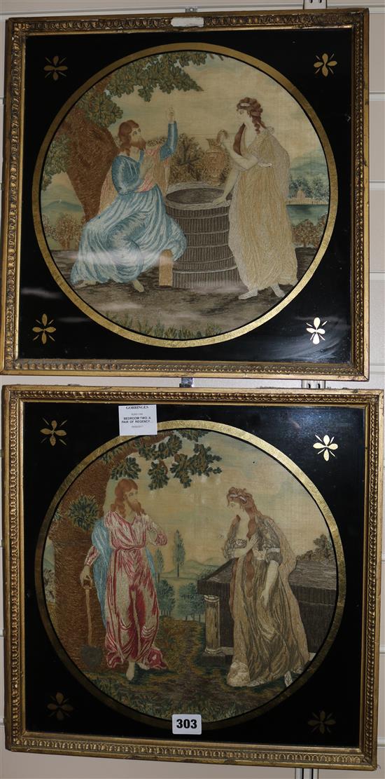 A pair of Regency long threaded silk pictures in verre eglomise mounts
